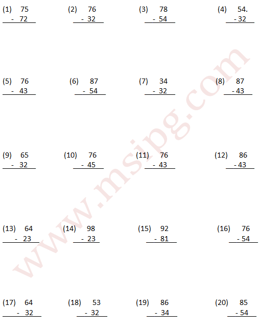 subtraction Worksheets for Grade 2 without borrowing